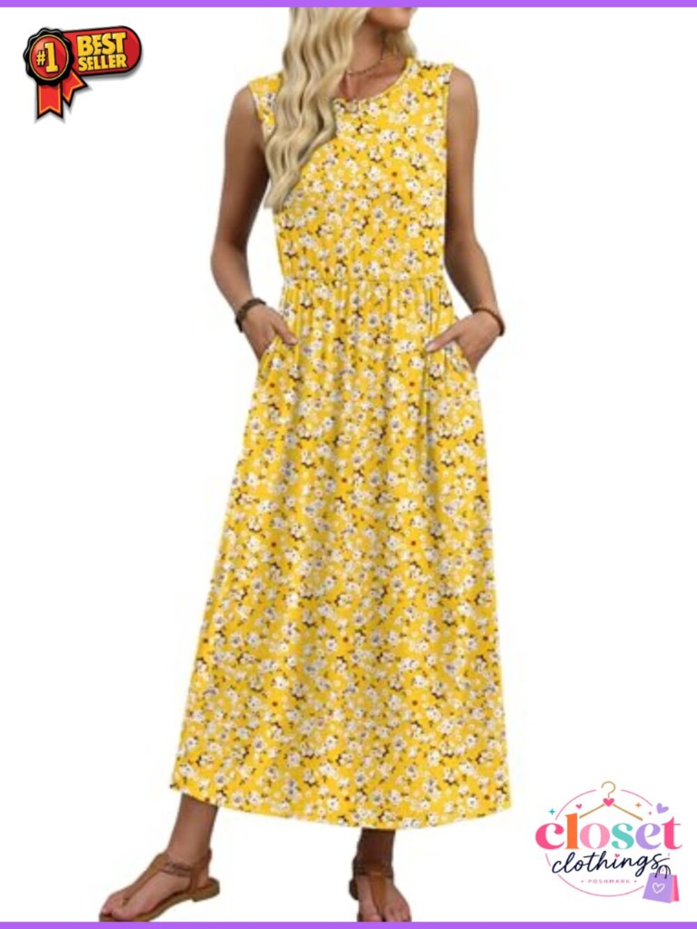 WIHOLL Women's Maxi Dress Flowy A-Line Sleeveless Sundress with Pockets